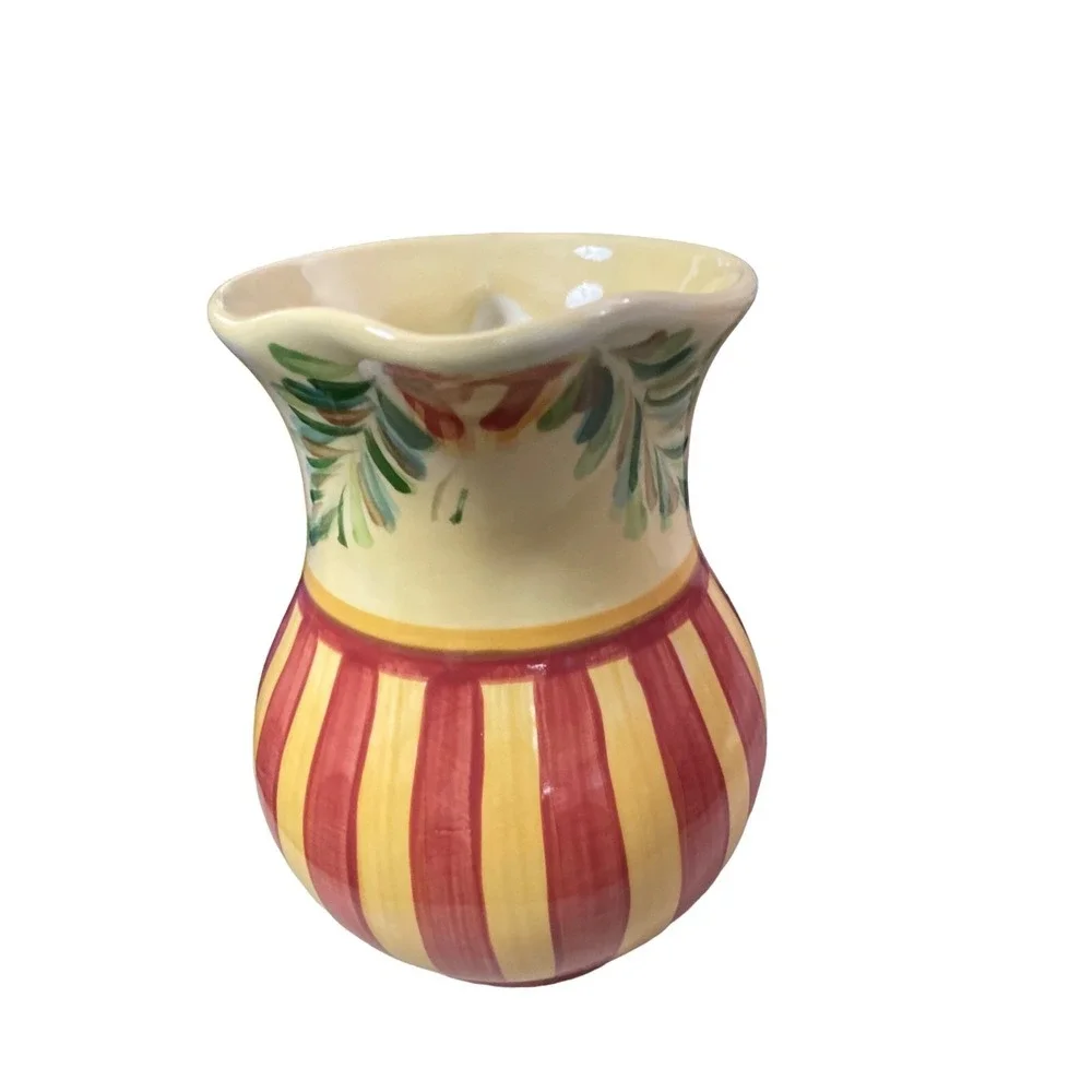 Gail Pittman Ceramic Pitcher Hand Painted Yellow Red Striped Floral Tuscan Decor